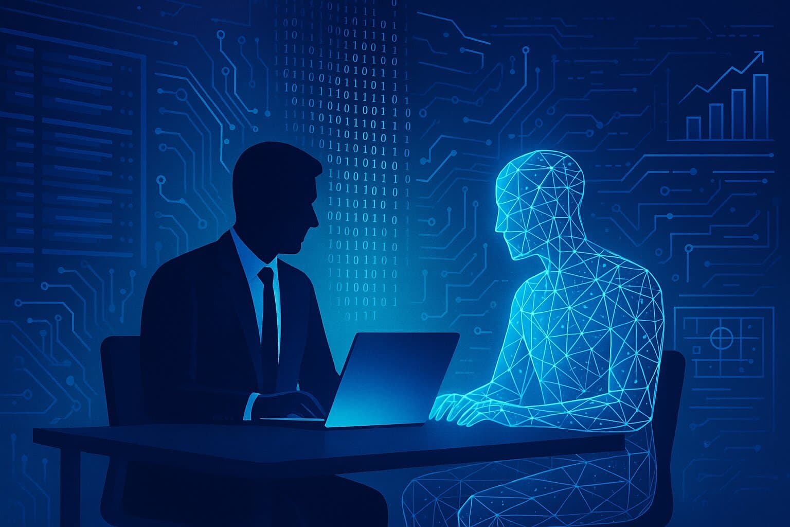 A symbolic depiction of B2B executives partnering with AI as powerful co-creators in software development.