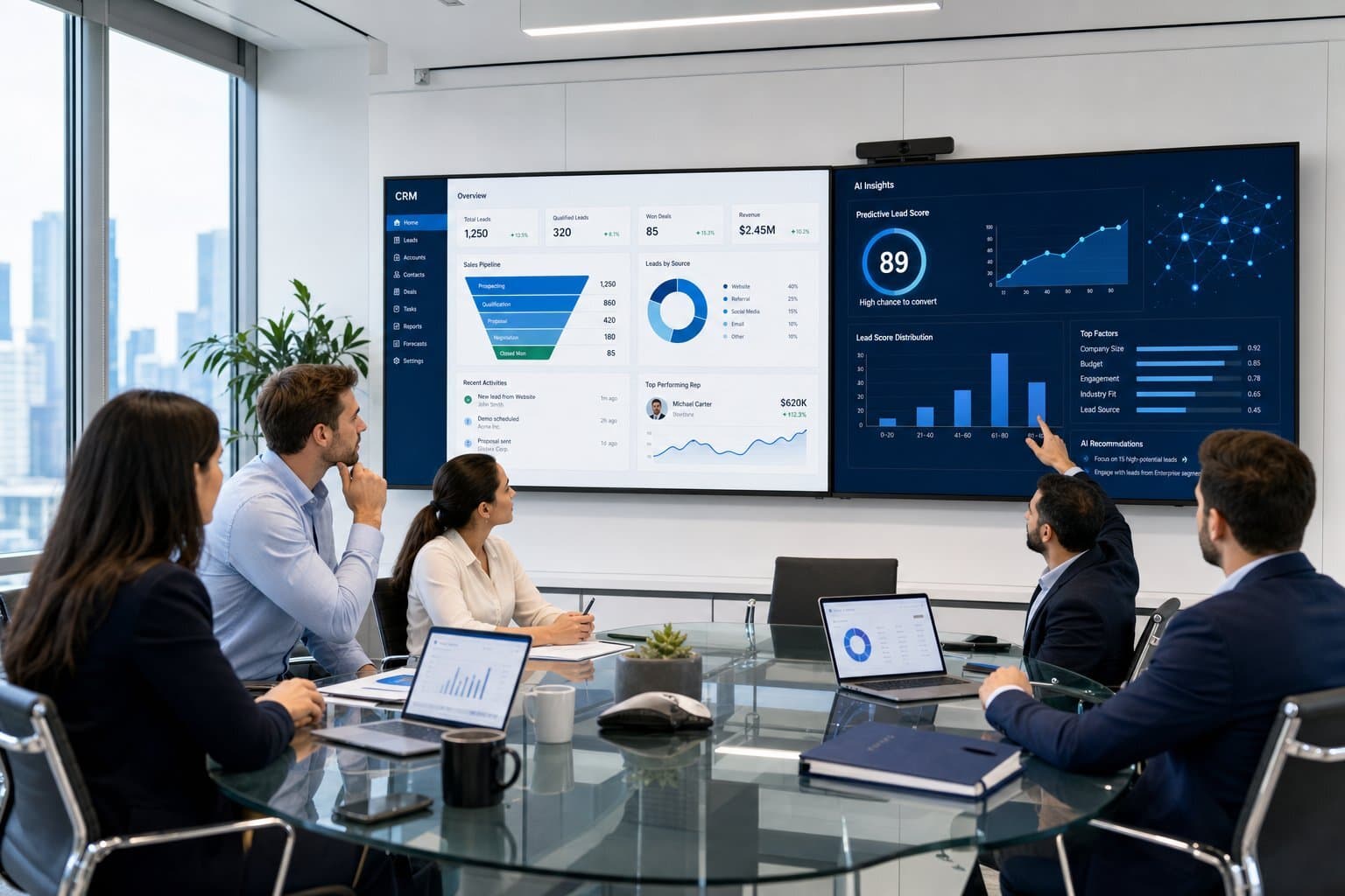 A modern sales operations team collaborates around real-time CRM and AI tool dashboards.