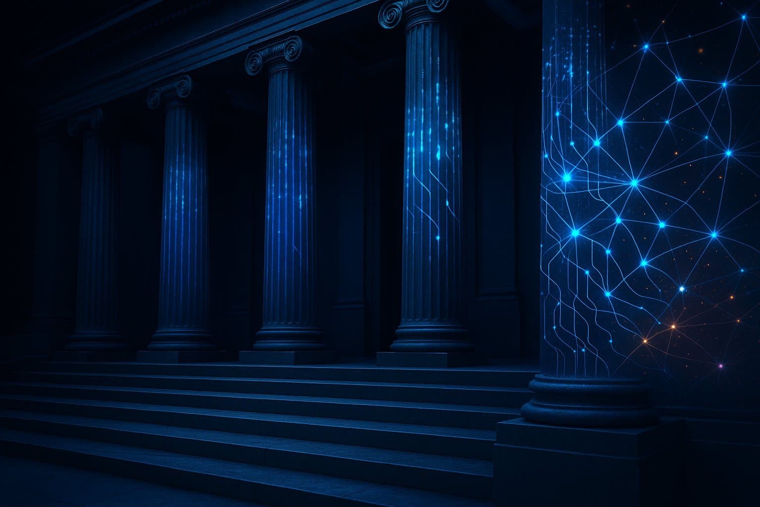 A striking visual metaphor for the AI-driven transformation in law, combining classic and digital elements.