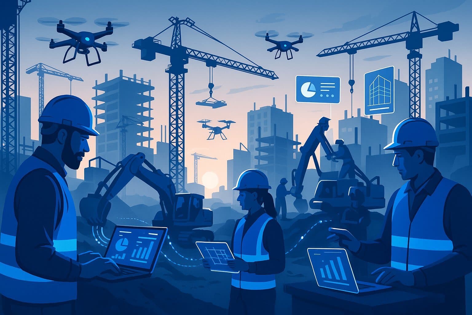 A modern, AI-driven construction site symbolizing the future of the industry.