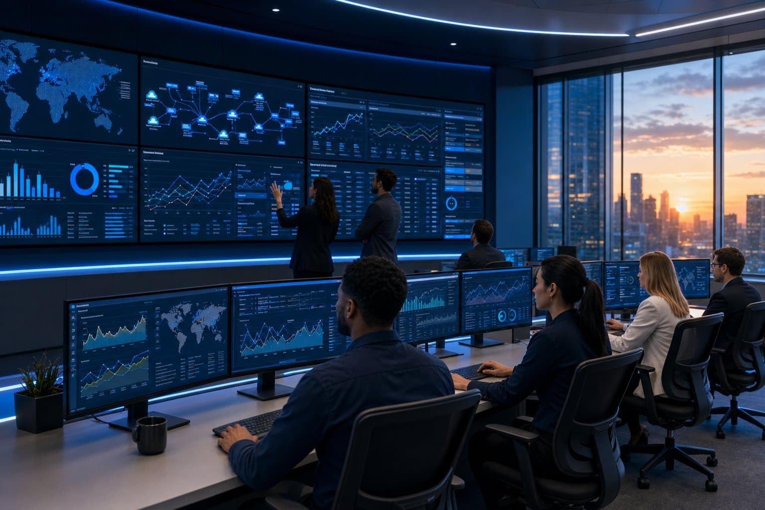 A modern enterprise control center visualizing AI cost-performance and infrastructure operations.