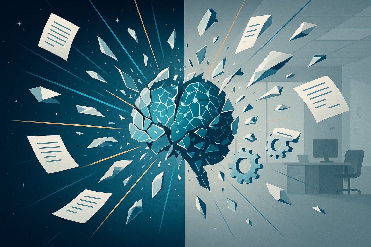 Conceptual visualization of shattered AI business hype and grounded reality.