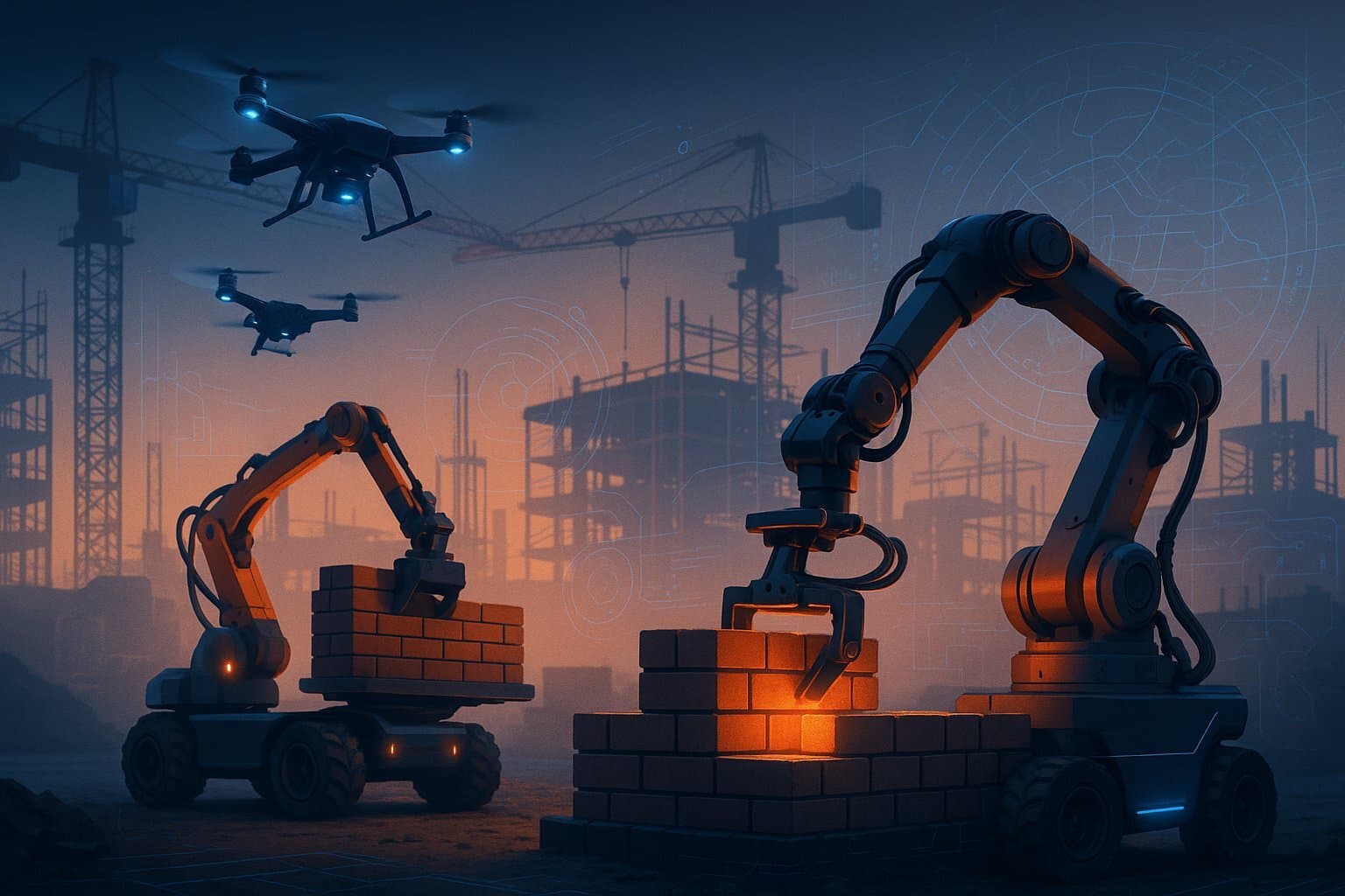The modern construction site: an integrated world of robots, drones, and data.