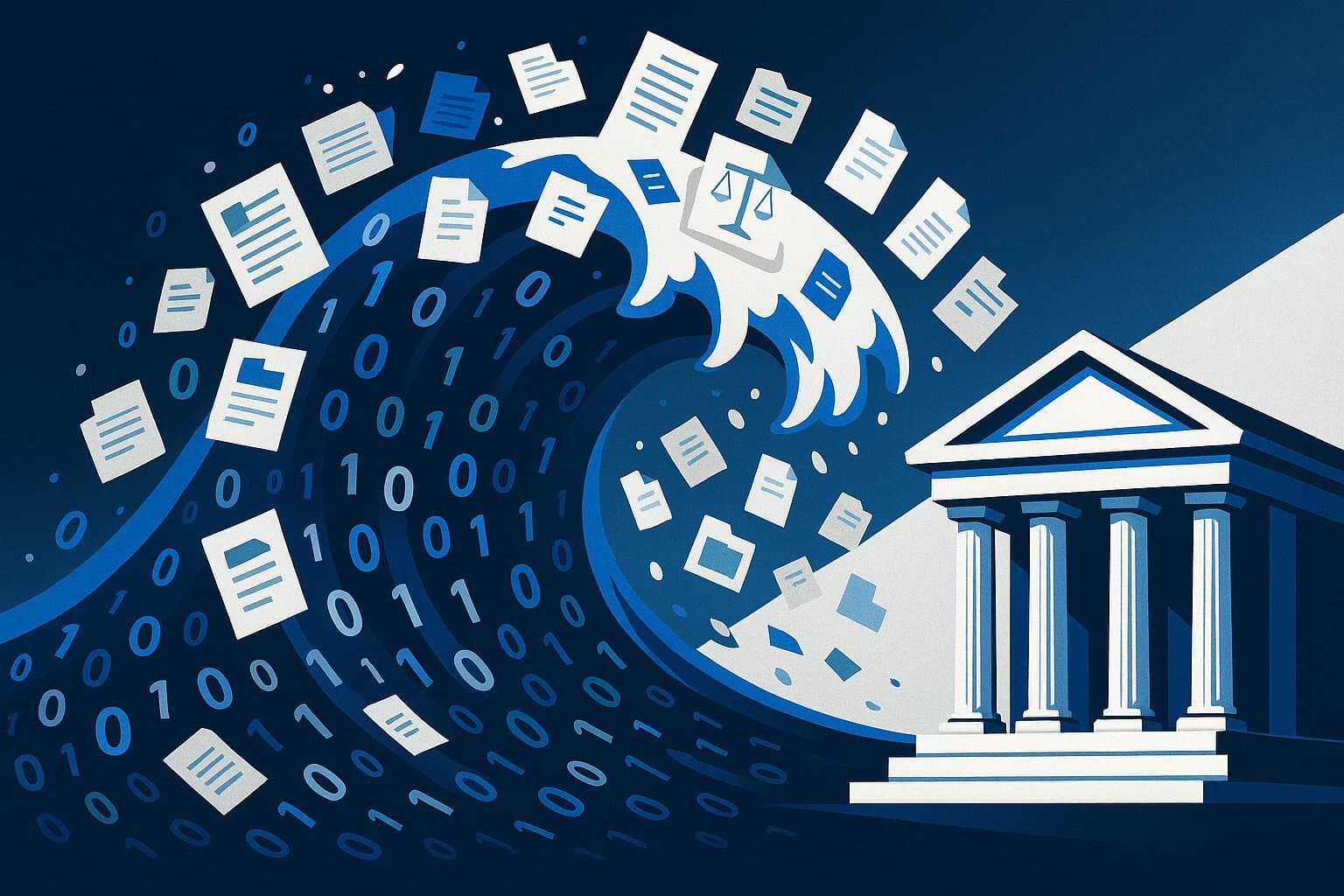 A visual metaphor: endless digital data surging toward the modern legal profession.