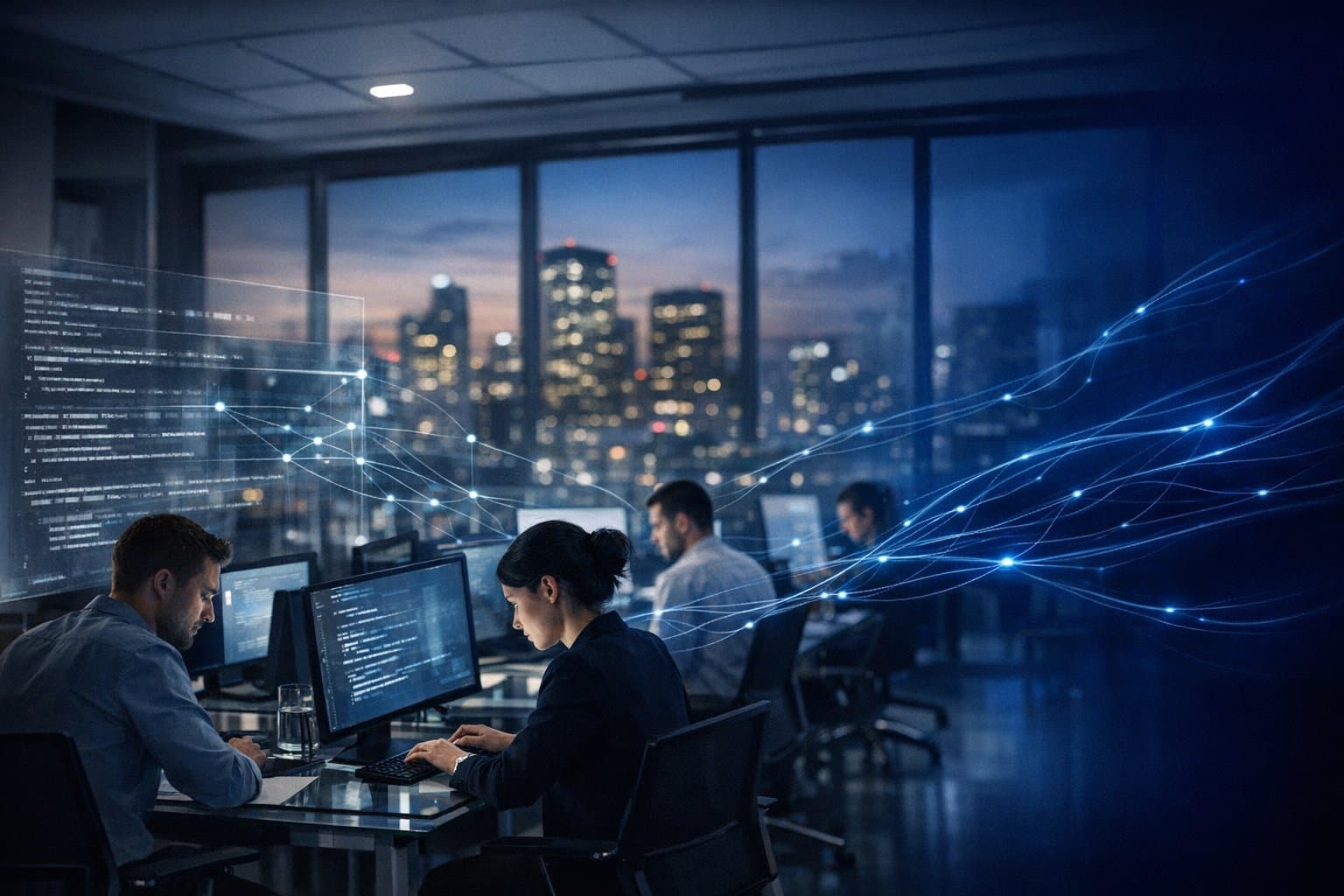 A modern corporate workspace, visually symbolizing the hidden and pervasive risks of shadow AI.