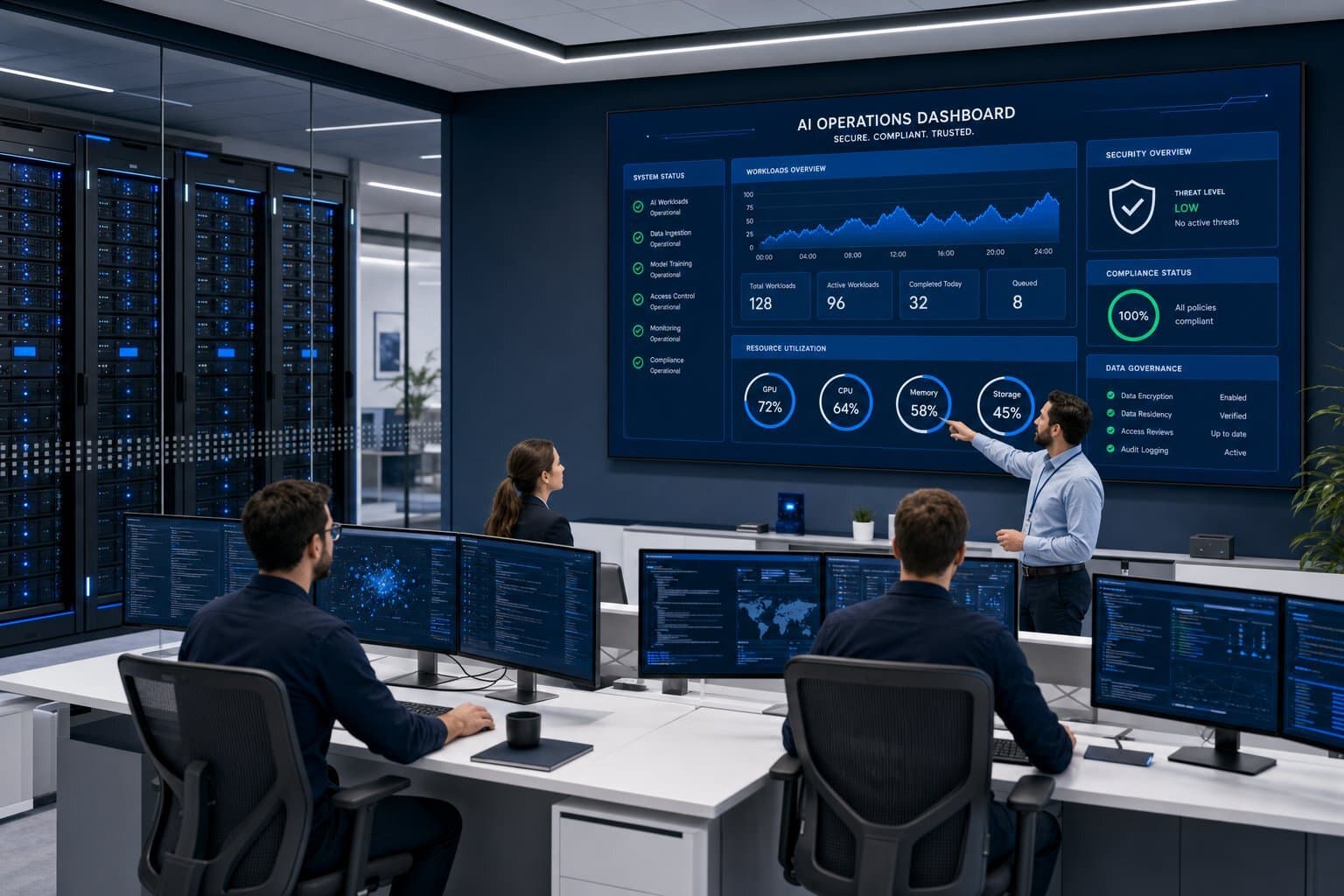 A modern, secure AI infrastructure command center inside a highly regulated corporate environment.