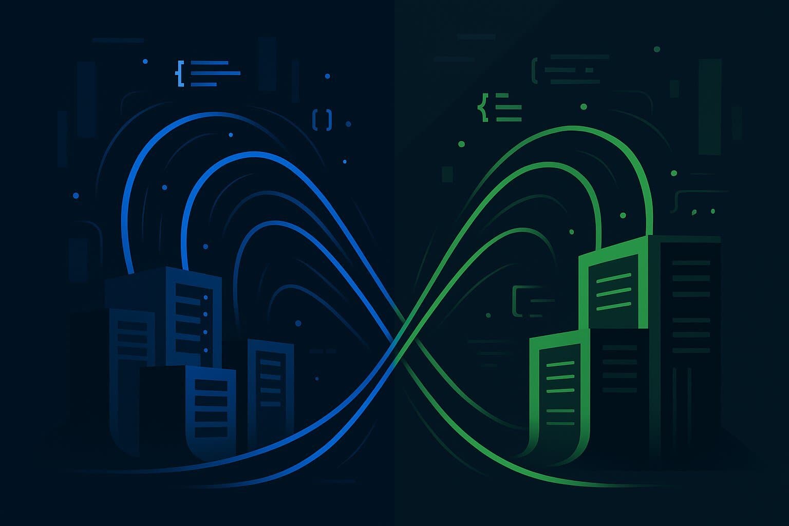 Abstract visualization of the strategic choice between .NET and Node.js for backend architecture.